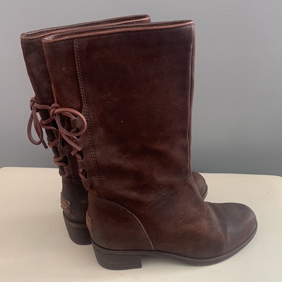 {UGG} Cary Brown Leather Lace Back Boot 5.5 - Picture 3 of 9